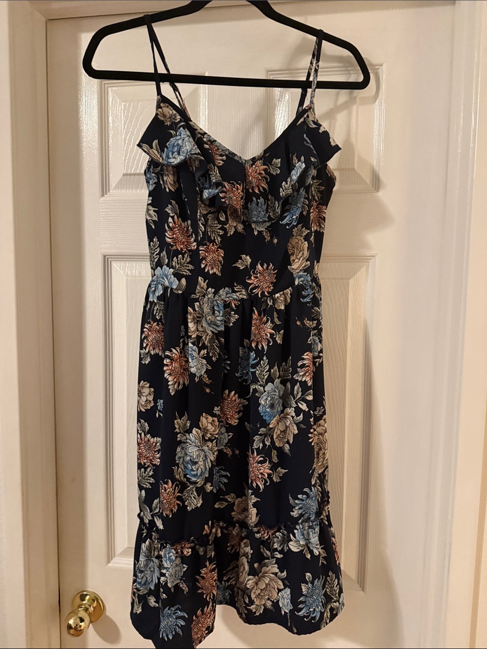 Xhilaration Navy Floral Ruffle Midi Dress with Blue & Tan Blooms